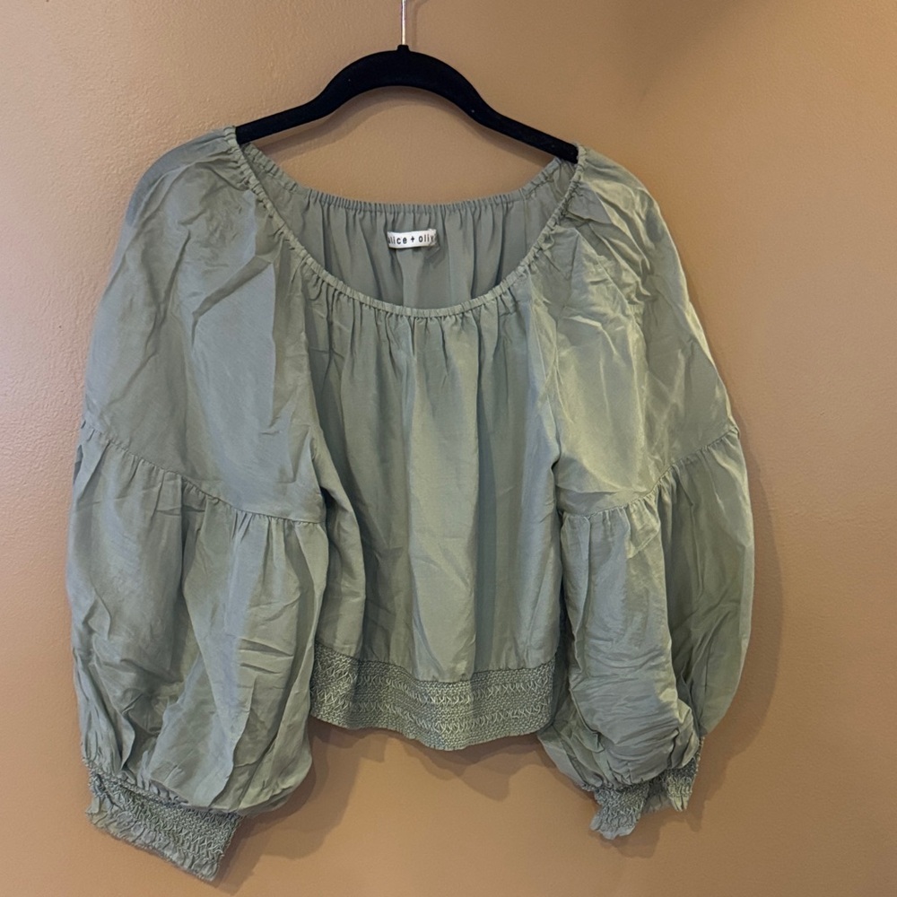 Alice + Olivia Light Green Puff Sleeve Blouse